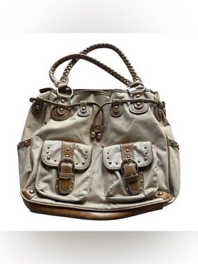 Kathy Van Zeeland Y2K Studded Shoulder Bag Beige Faux Suede Boho Purse